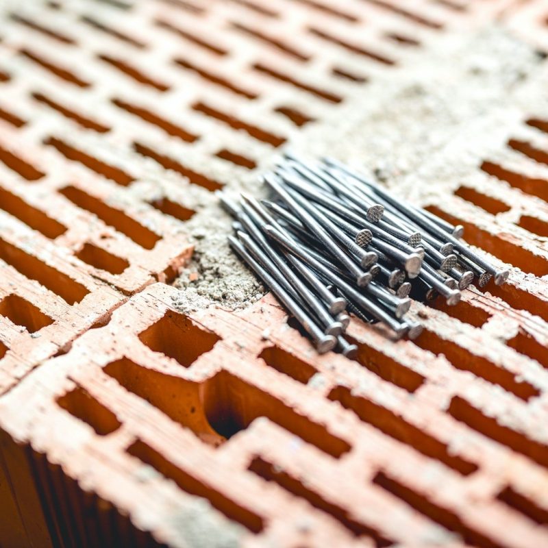 Nails and tools on construction site, bricks layer and mortar.